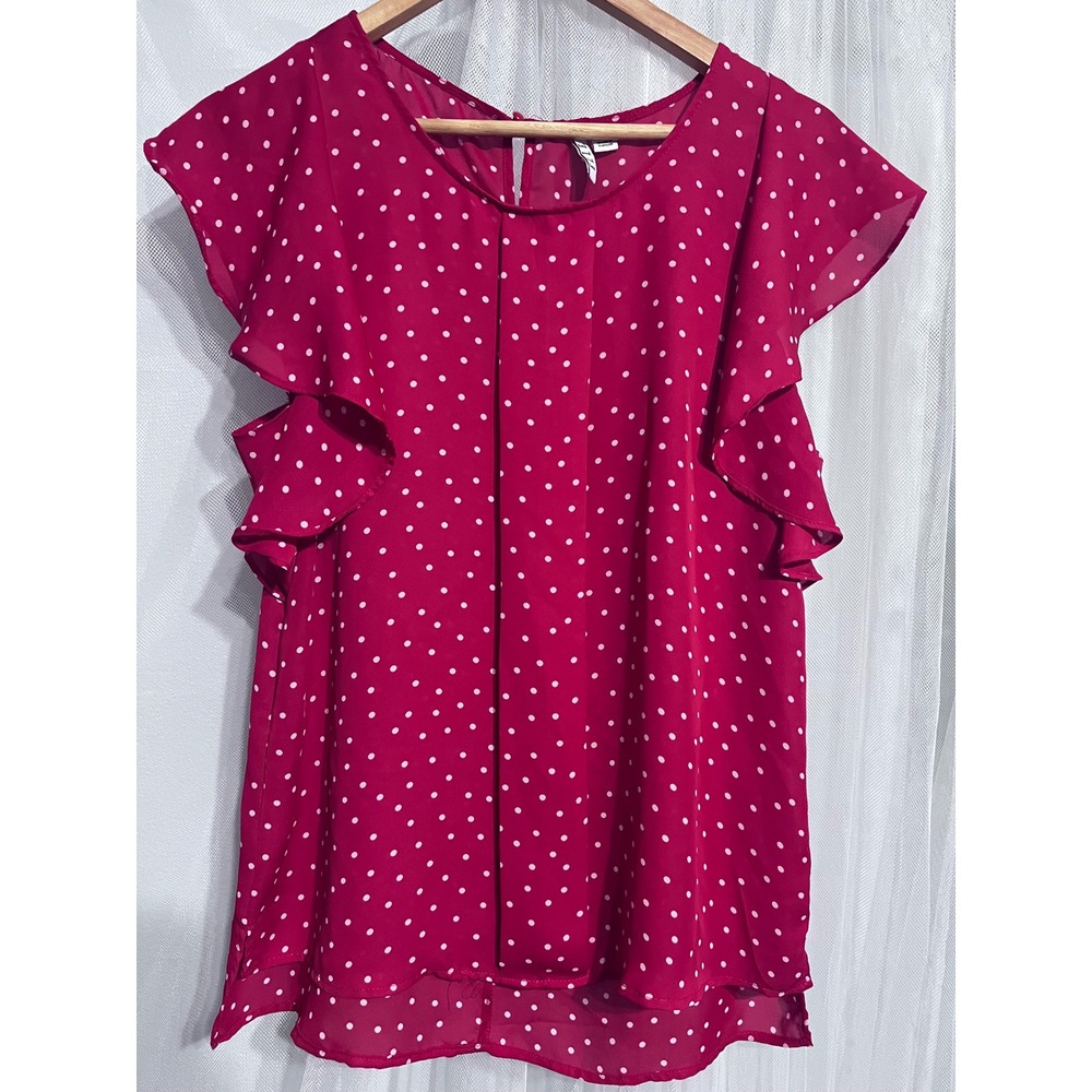 ELLE Womens Red Polka Dot Flutter Sleeve Pleated Chiffon Blouse SizeM